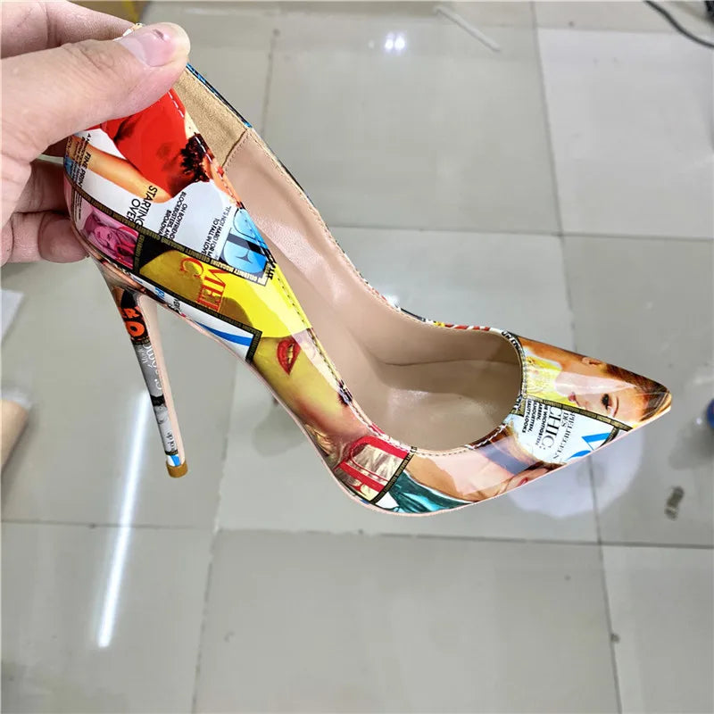 Magazine-print patent leather stiletto pumps