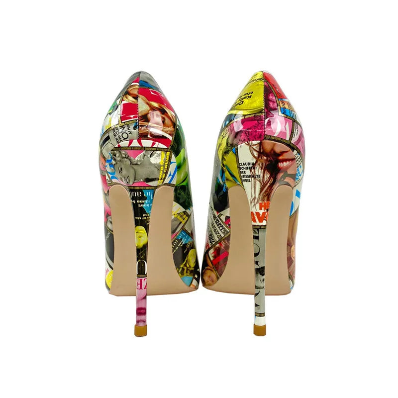 Magazine-print patent leather stiletto pumps