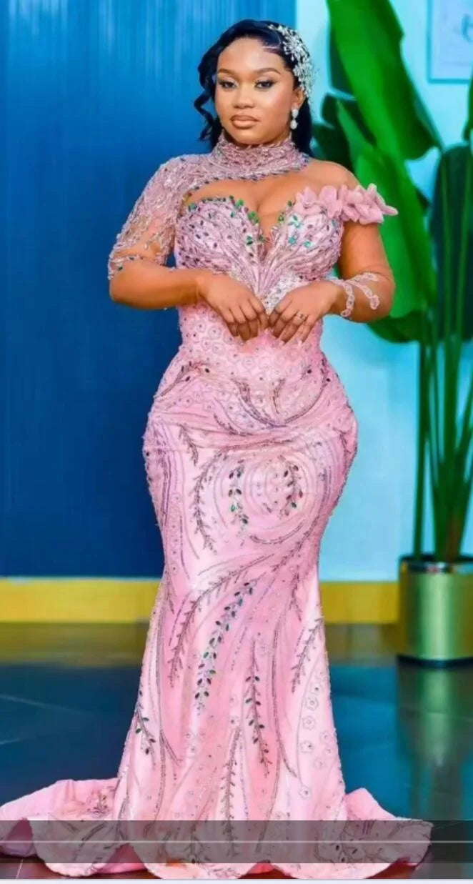 Pink Beaded Mermaid Evening Gown