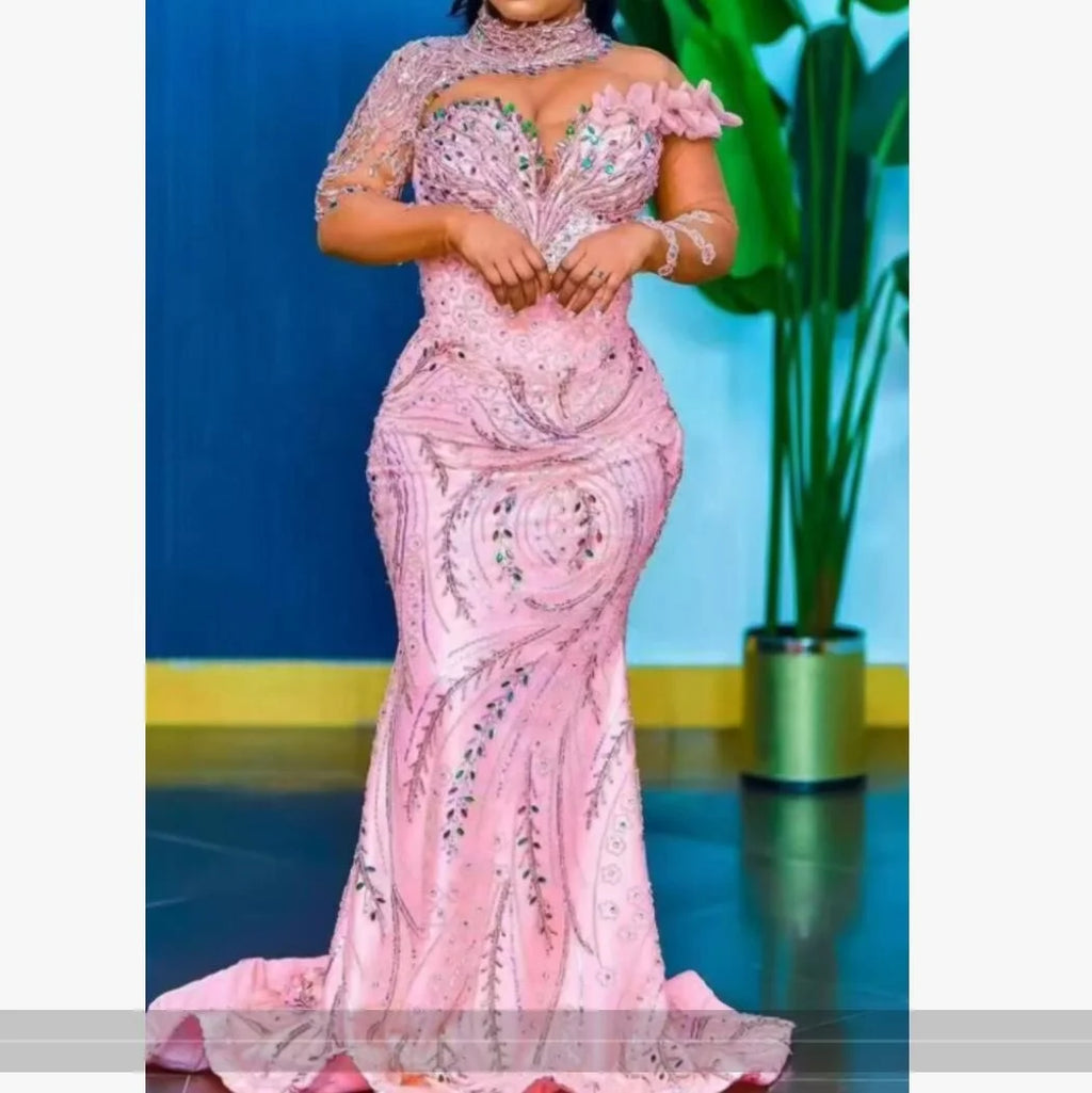 Pink Beaded Mermaid Evening Gown
