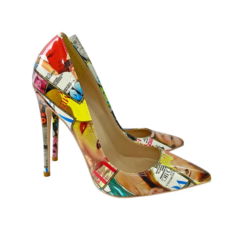 Magazine-print patent leather stiletto pumps
