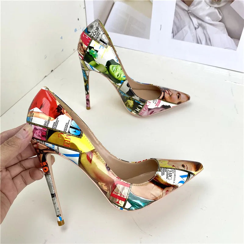 Magazine-print patent leather stiletto pumps