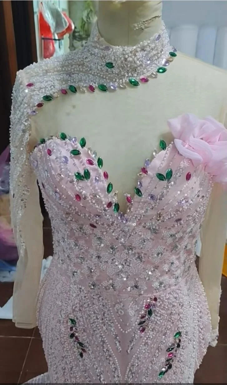 Pink Beaded Mermaid Evening Gown