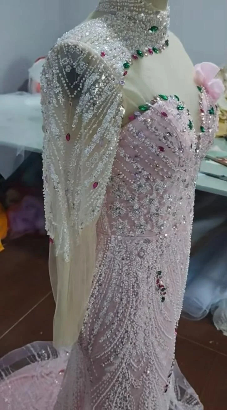 Pink Beaded Mermaid Evening Gown
