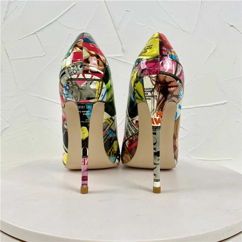 Magazine-print patent leather stiletto pumps