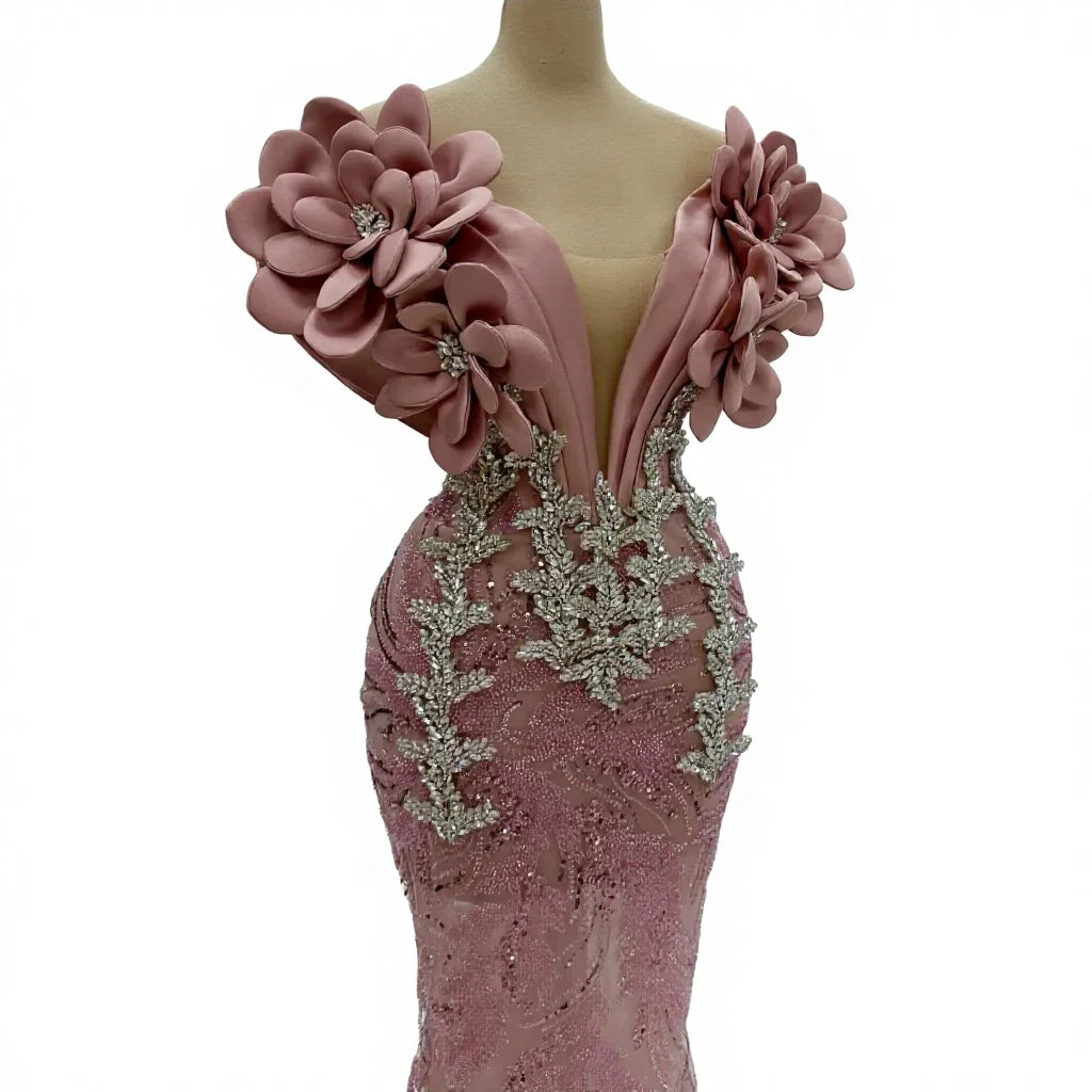 Mauve Ruffle Shoulder Mermaid Gown