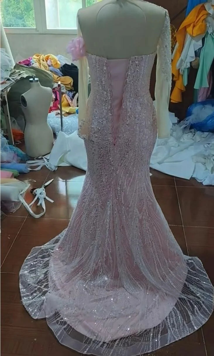 Pink Beaded Mermaid Evening Gown