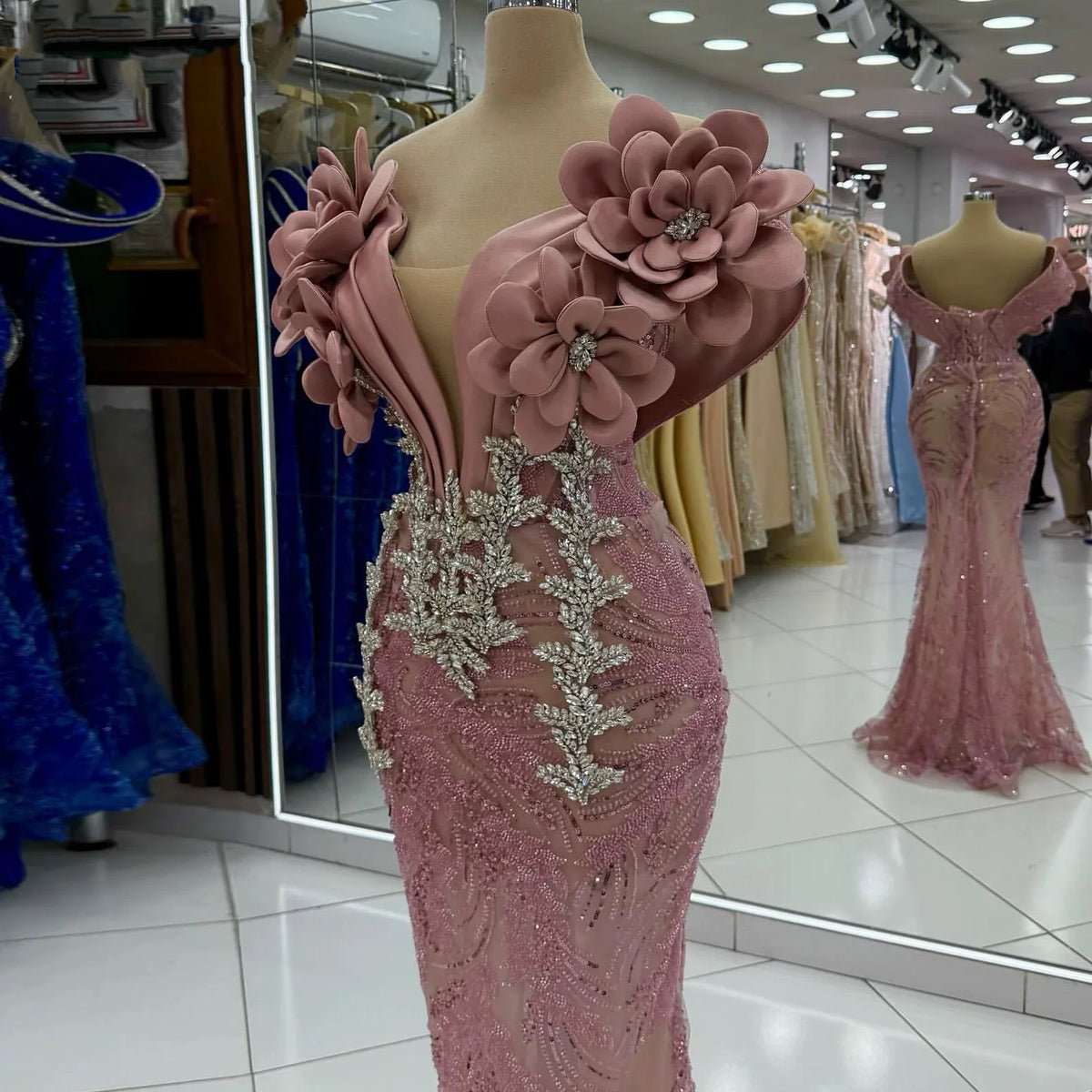Mauve Ruffle Shoulder Mermaid Gown