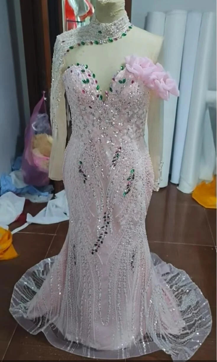 Pink Beaded Mermaid Evening Gown