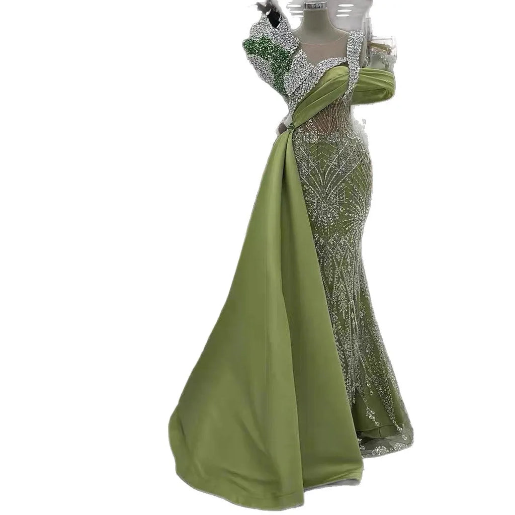 GOD MAJOR 1Olive Green Satin Cape Evening Gown