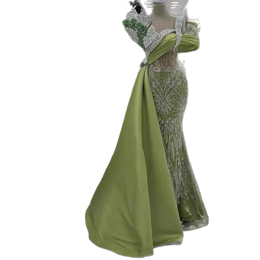 GOD MAJOR 1Olive Green Satin Cape Evening Gown
