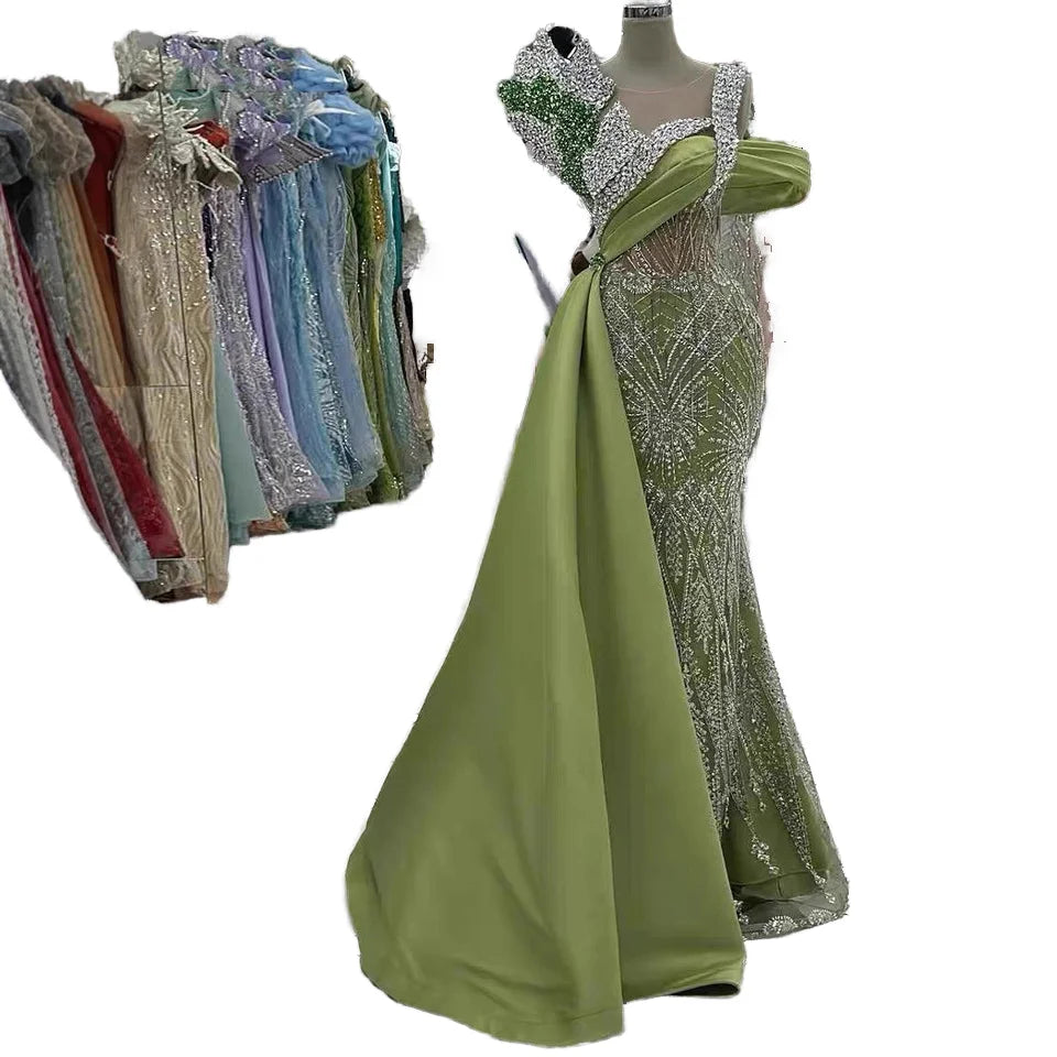 GOD MAJOR 1Olive Green Satin Cape Evening Gown