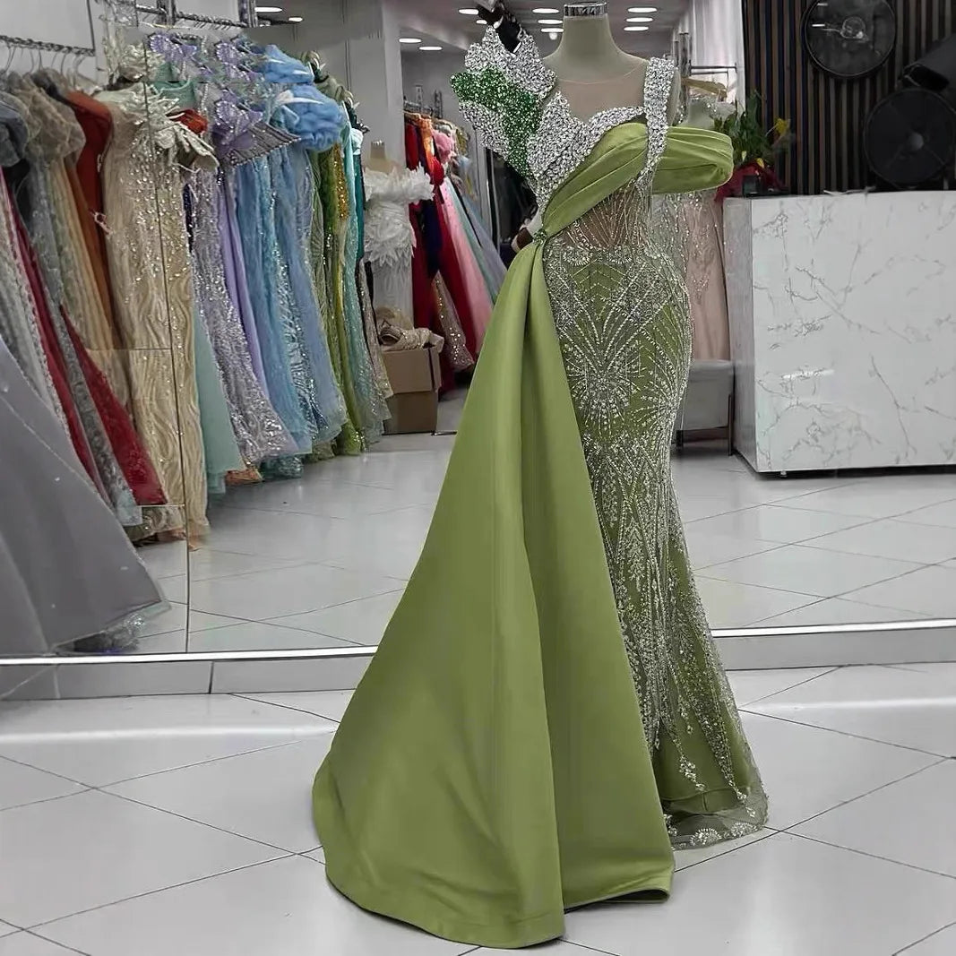 GOD MAJOR 1Olive Green Satin Cape Evening Gown