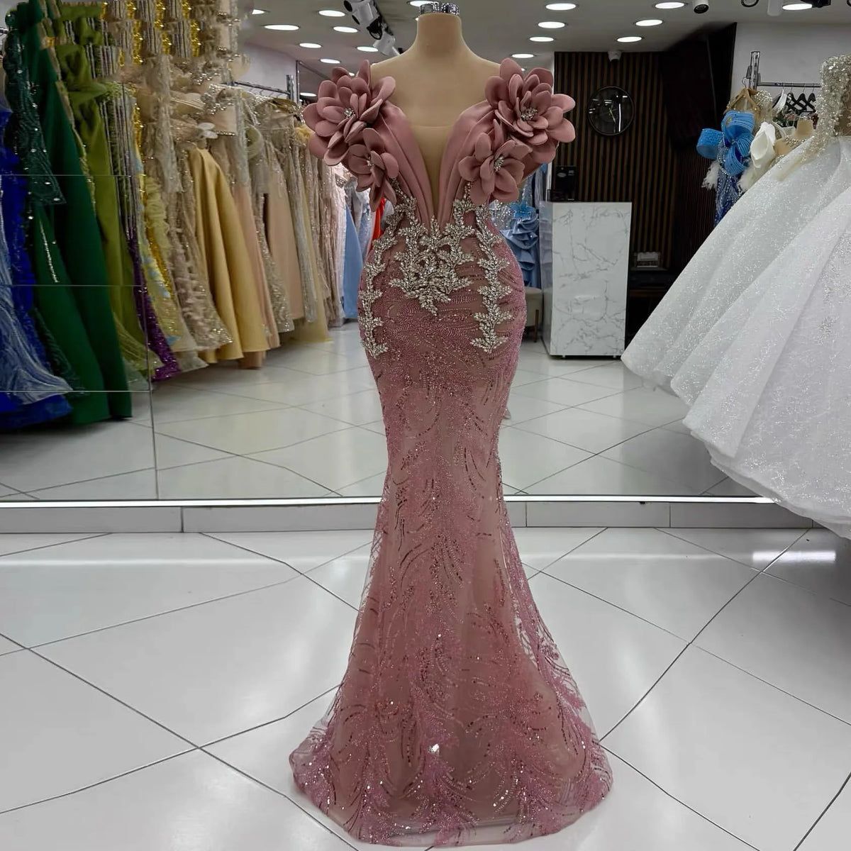Mauve Ruffle Shoulder Mermaid Gown