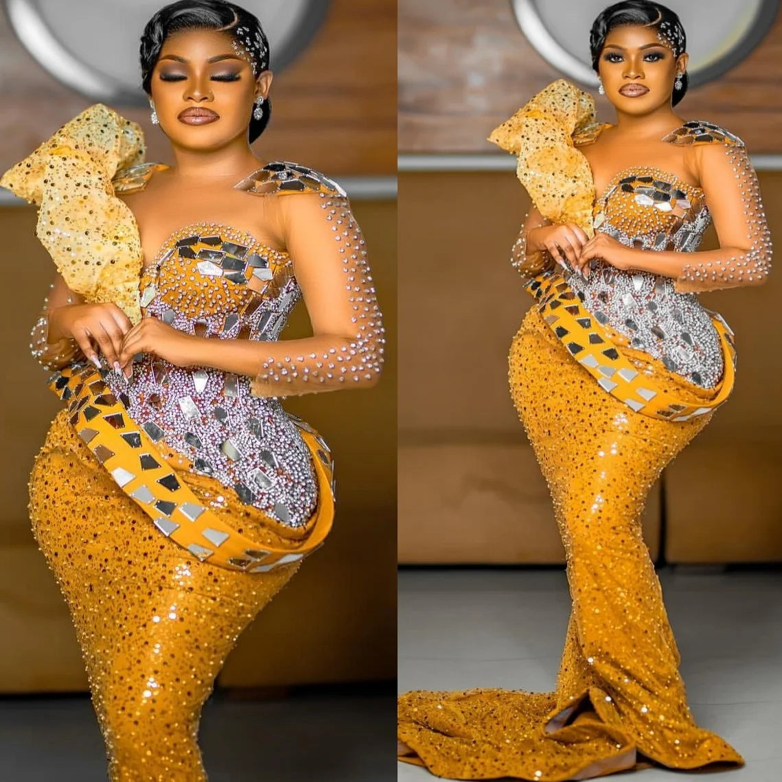 Gold Mermaid Evening Gown with Lace Sleeve
