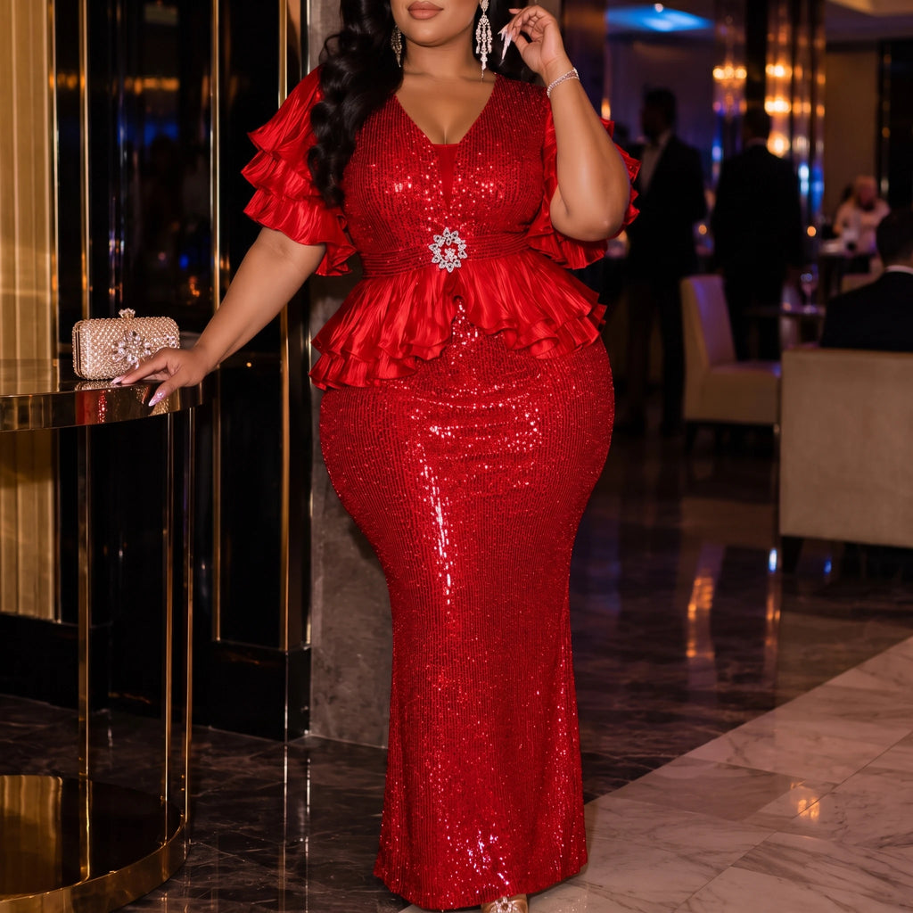 Red Sequin Plunging Neckline Evening Gown