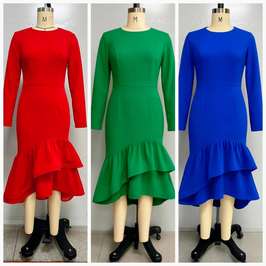 Red Long Sleeve Ruffle Hem Dress