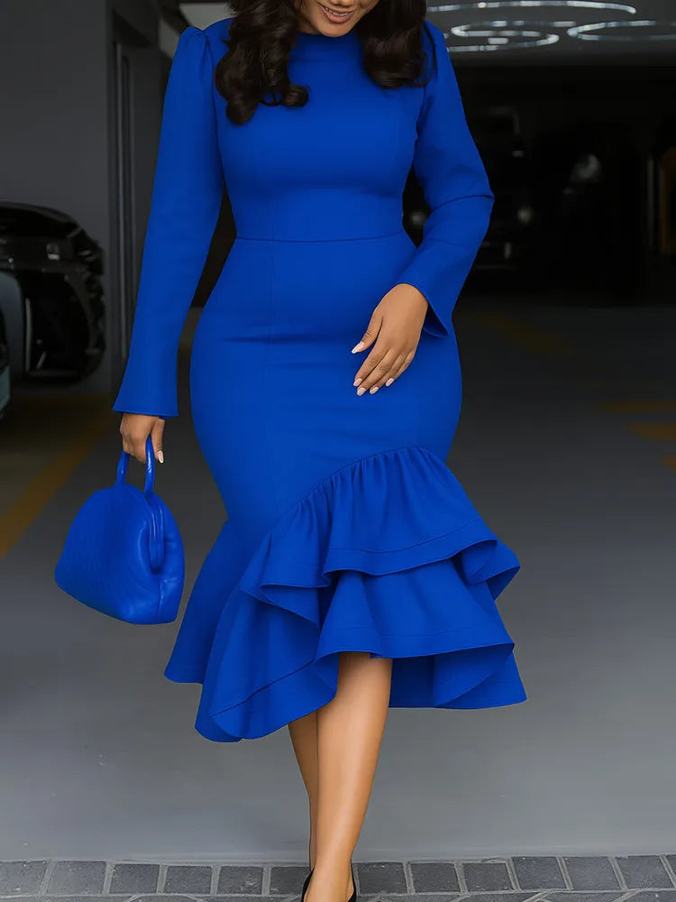 Red Long Sleeve Ruffle Hem Dress