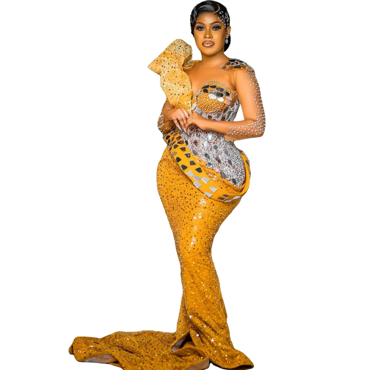 Gold Mermaid Evening Gown with Lace Sleeve