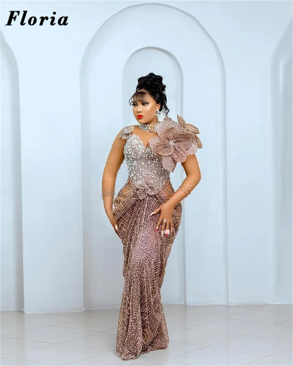 Rose Gold Sequin Fishtail Evening Gown