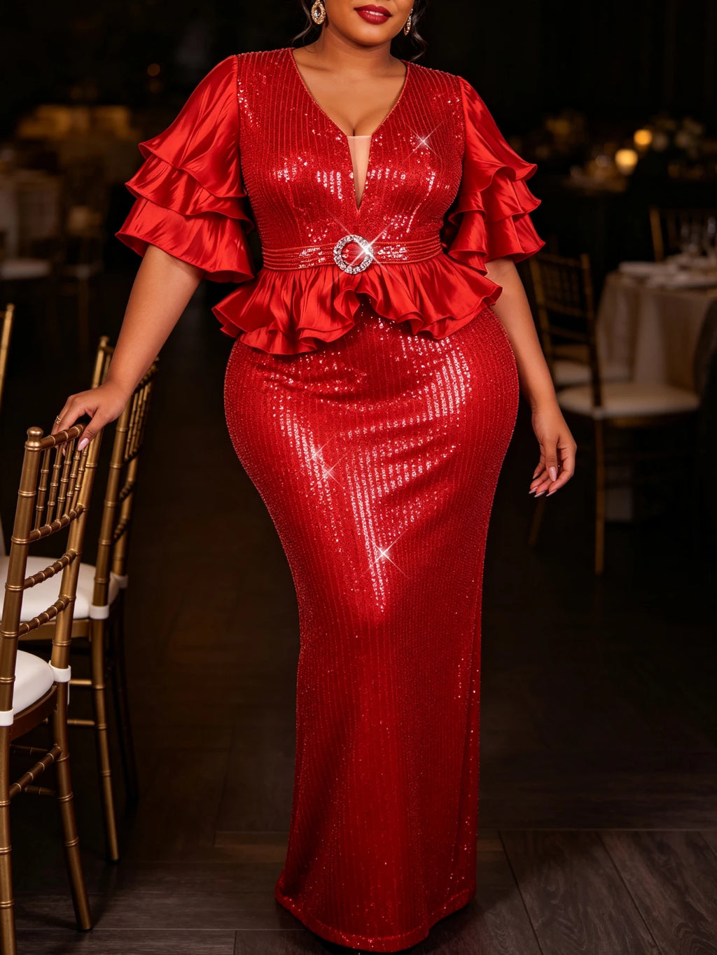 Red Sequin Plunging Neckline Evening Gown