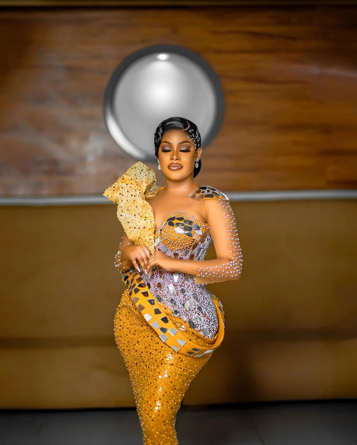 Gold Mermaid Evening Gown with Lace Sleeve