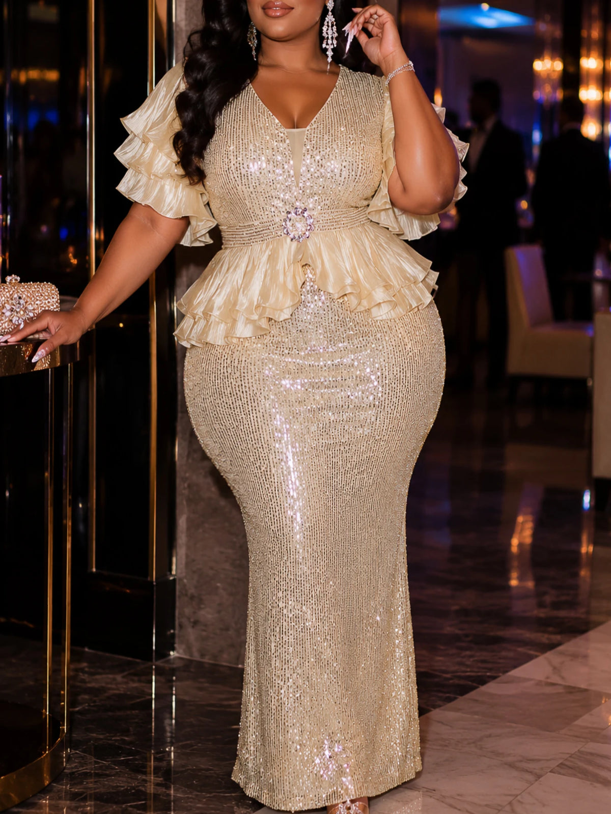 Red Sequin Plunging Neckline Evening Gown
