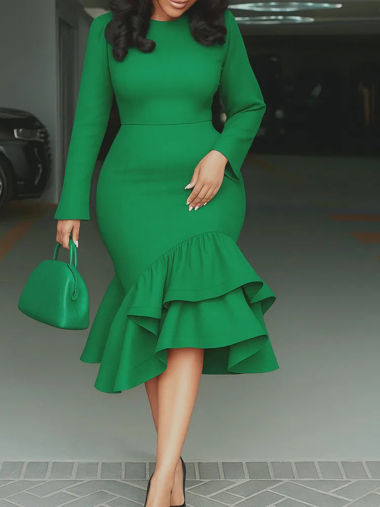 Red Long Sleeve Ruffle Hem Dress