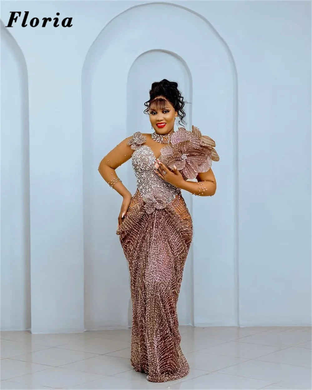 Rose Gold Sequin Fishtail Evening Gown