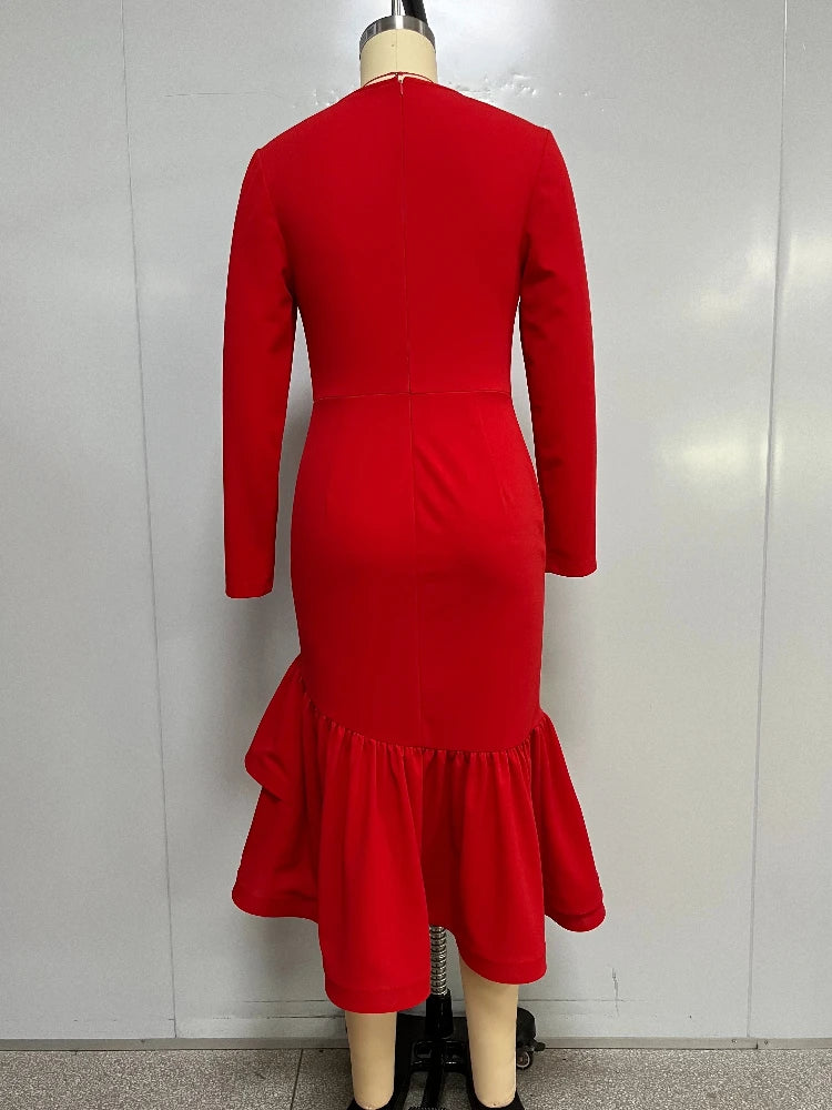 Red Long Sleeve Ruffle Hem Dress