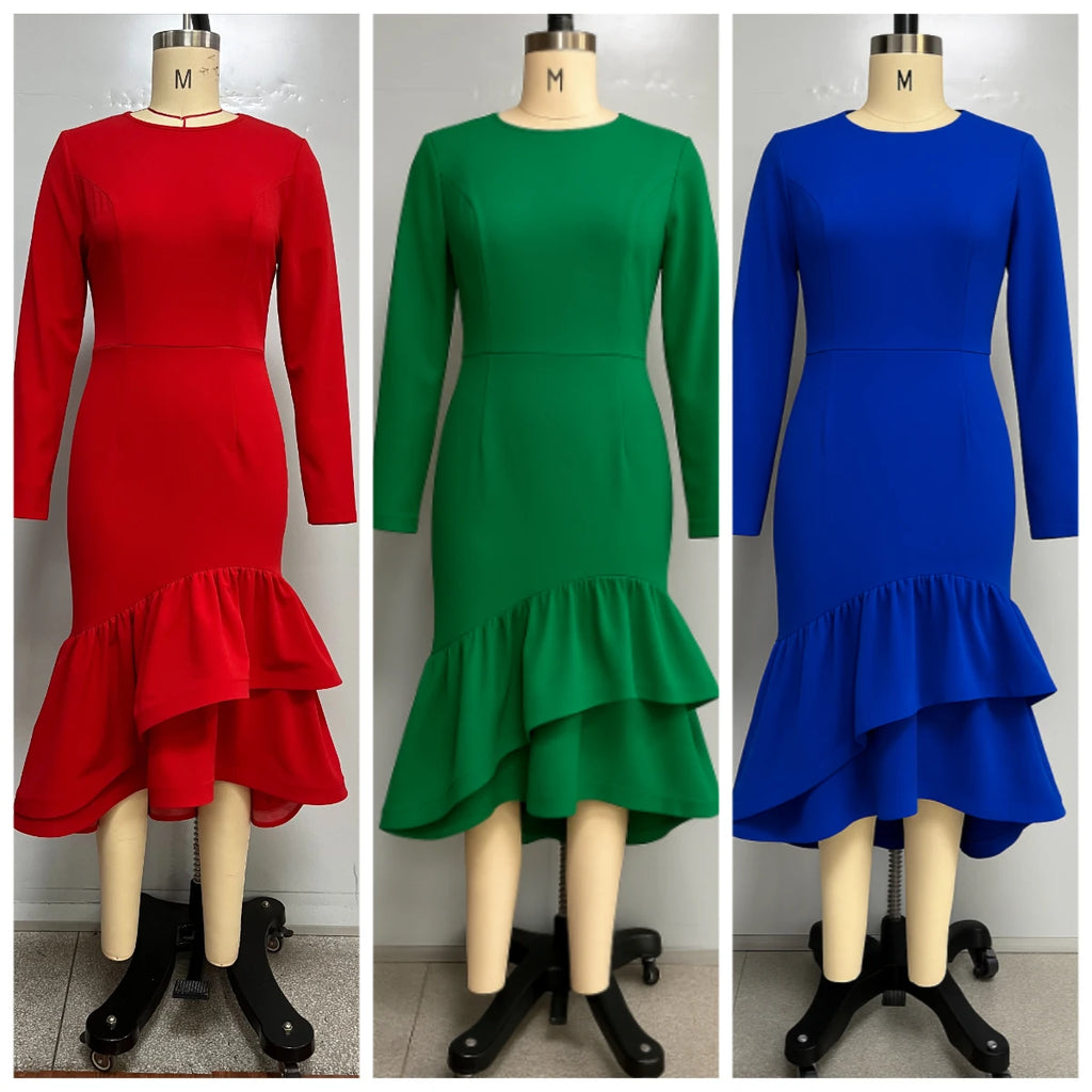 Red Long Sleeve Ruffle Hem Dress
