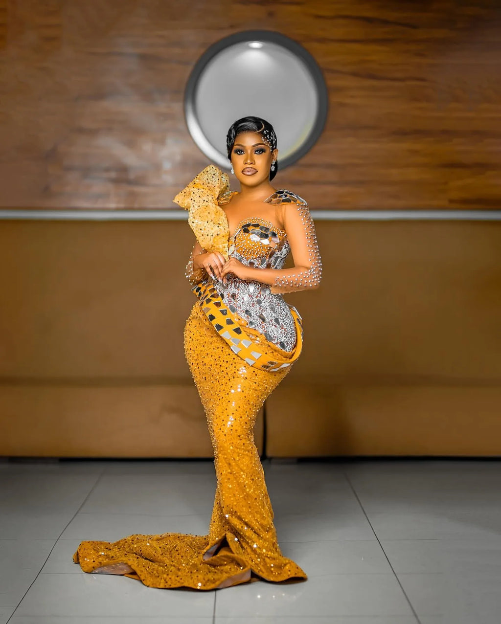 Gold Mermaid Evening Gown with Lace Sleeve