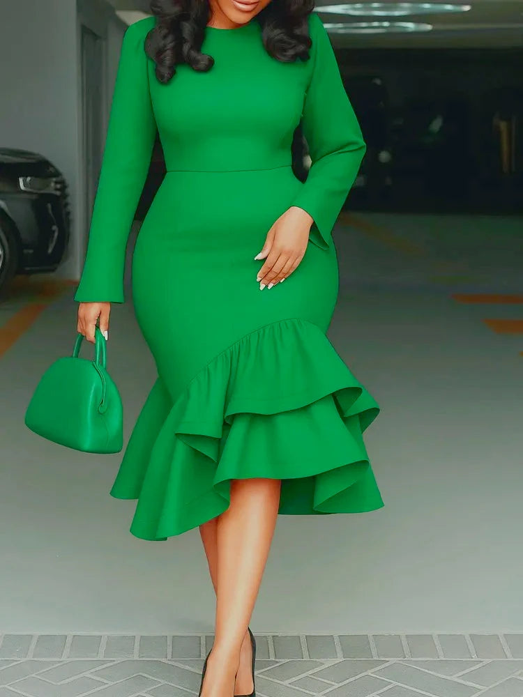 Red Long Sleeve Ruffle Hem Dress