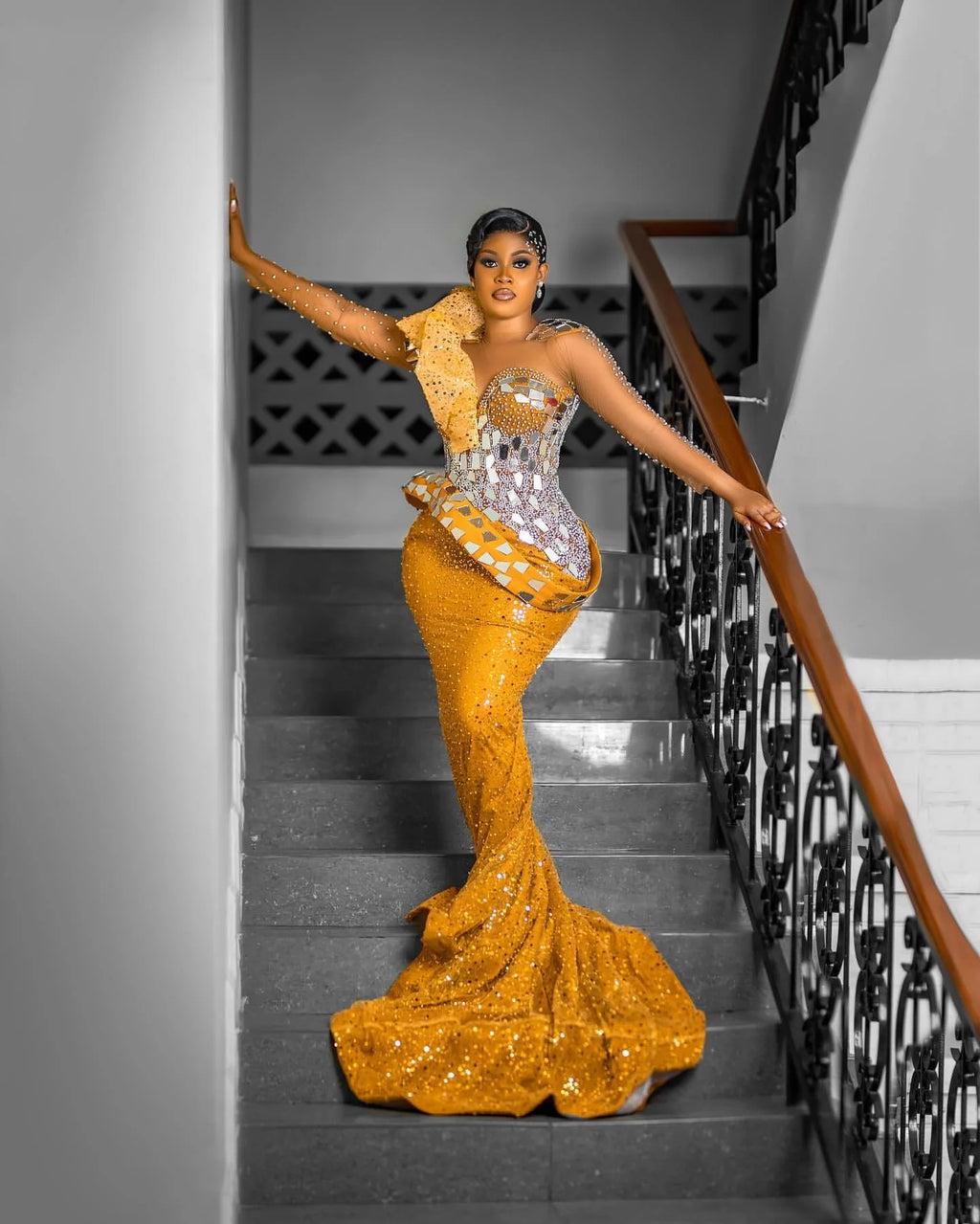 Gold Mermaid Evening Gown with Lace Sleeve